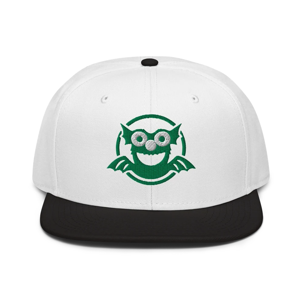 Fluffy Hat — white and black cap with Fluffy&rsquo;s green logo embroidered on the front