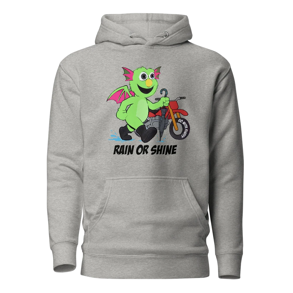 Fluffy &ldquo;Rain or Shine&rdquo; Hoodie — grey pullover hoodie with Fluffy walking his motorcycle under an umbrella