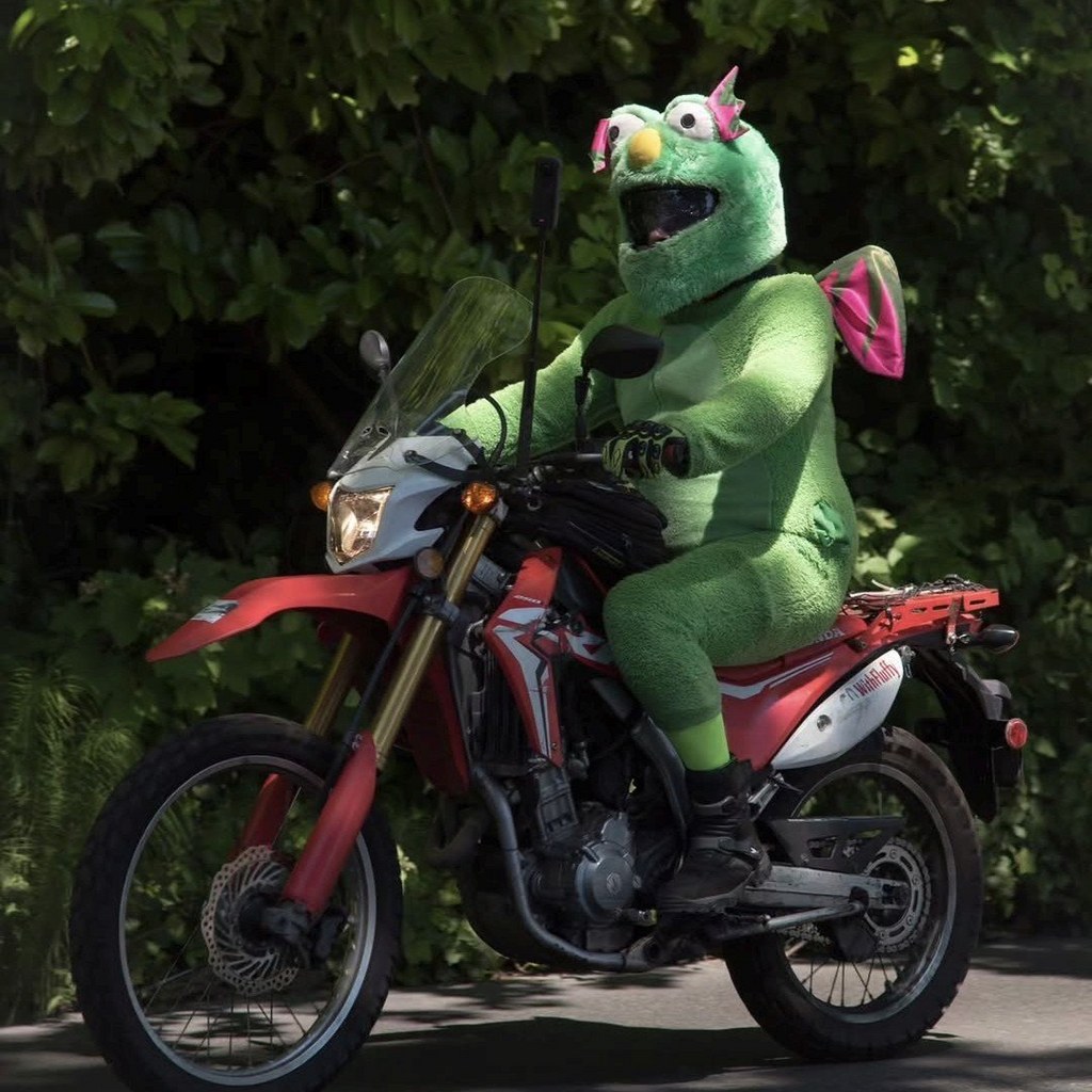 Fluffy riding his motorcycle through green trees
