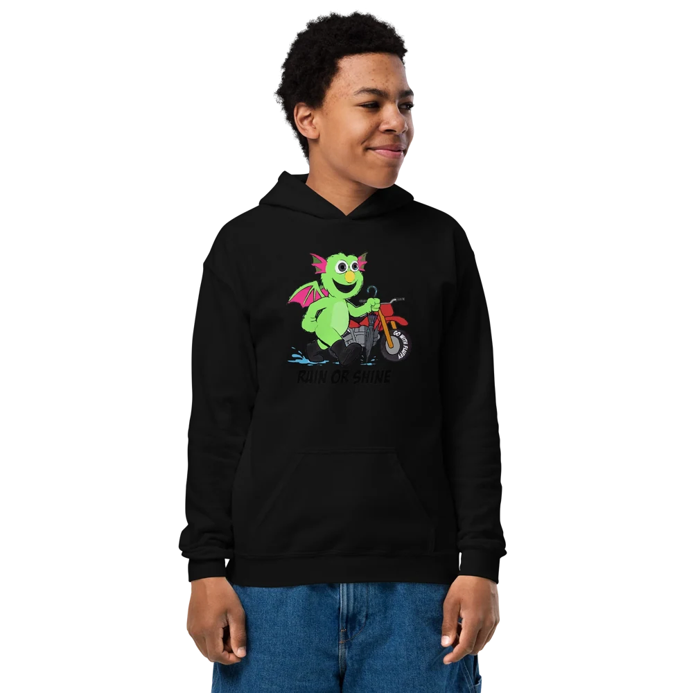 Kids &ldquo;Rain or Shine&rdquo; Hoodie — black youth hoodie with the Fluffy Rain or Shine artwork